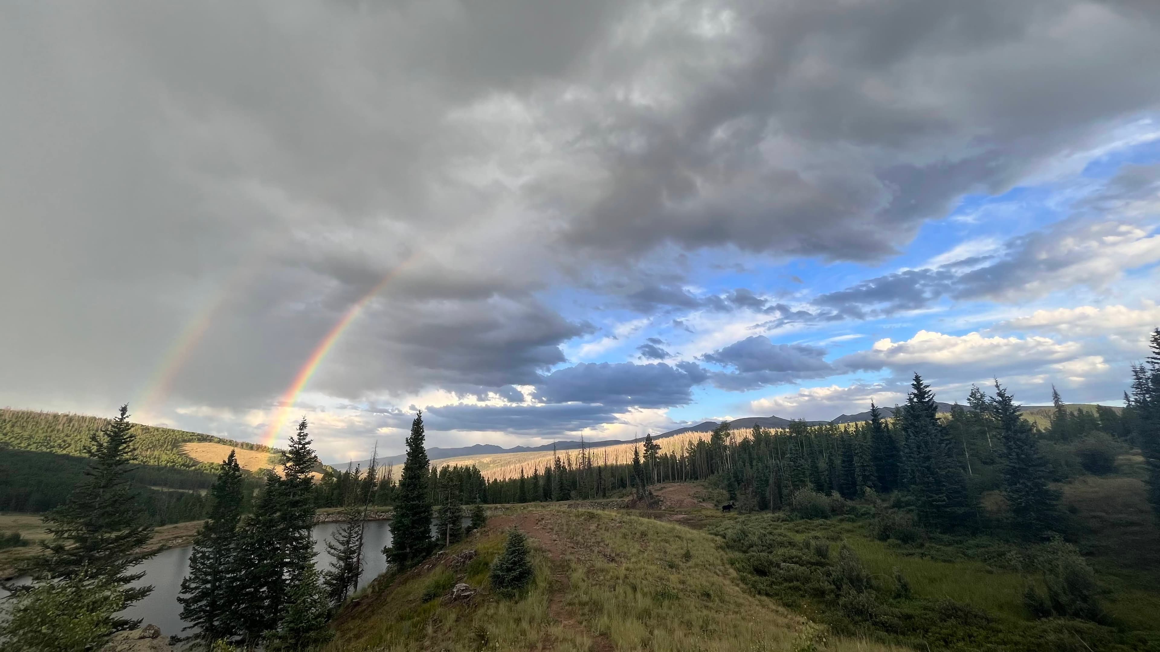 Rainbow over mountain meadow and forest lake
