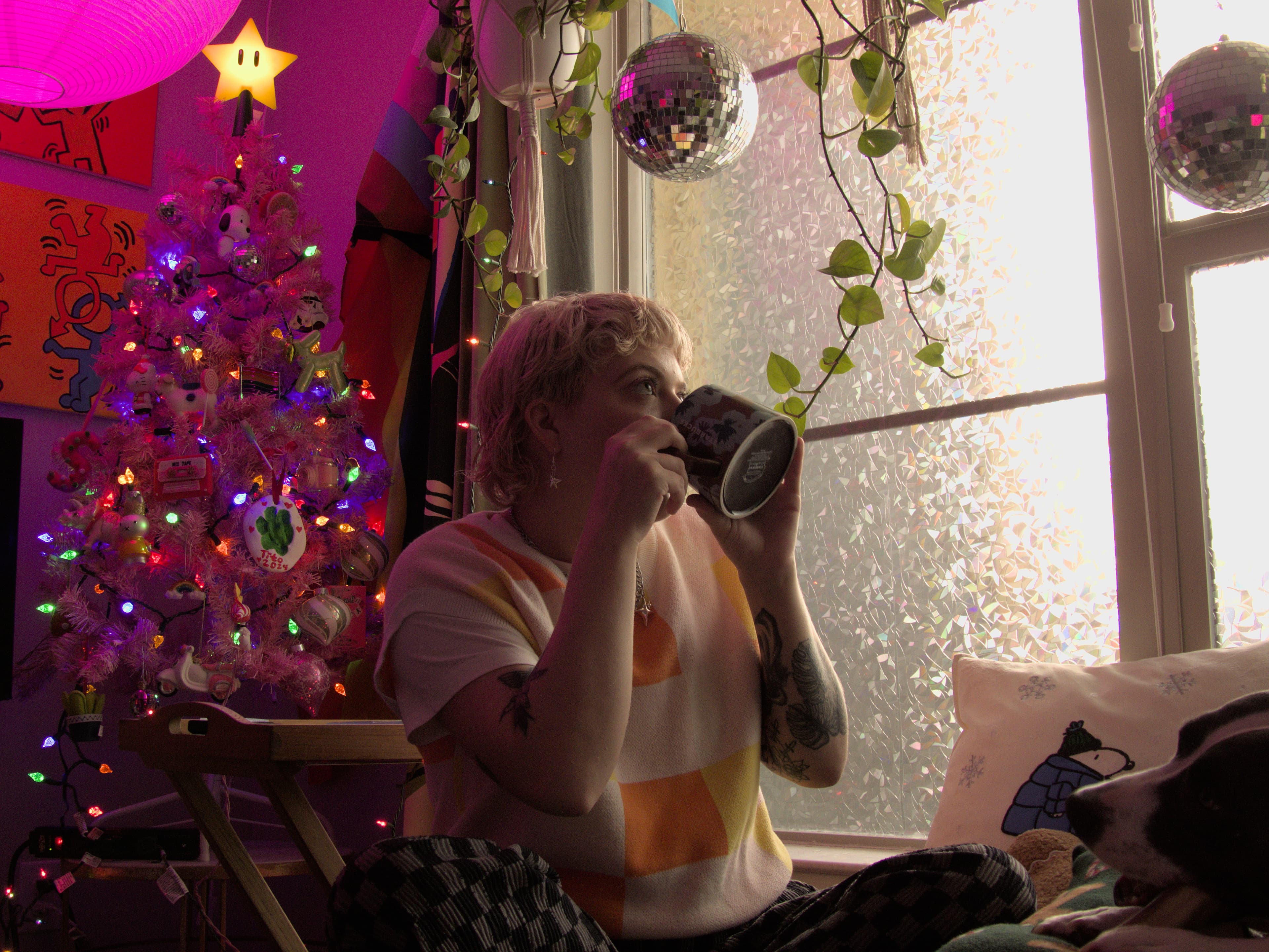 Morning coffee by the Christmas tree