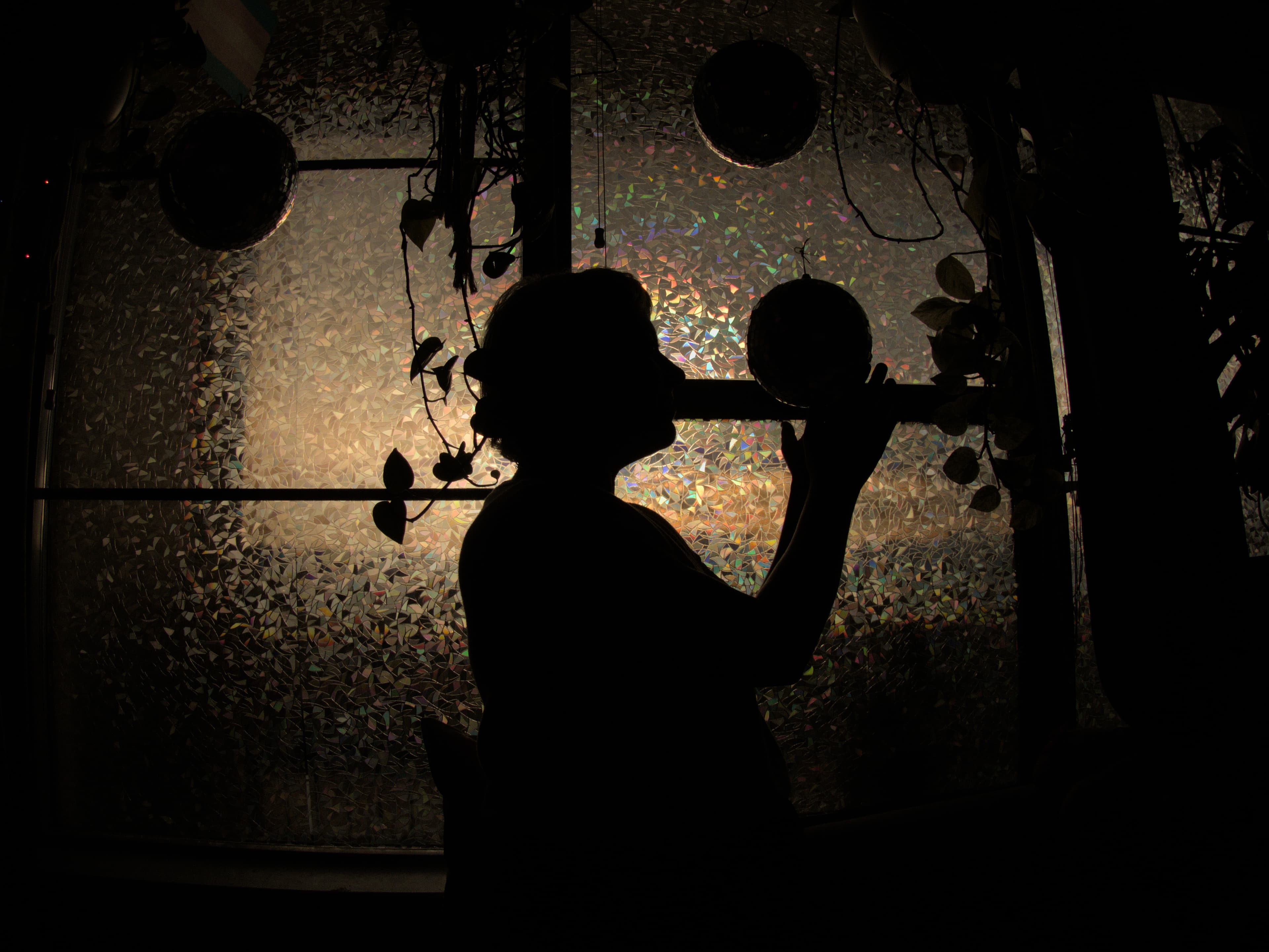 Silhouette against prismatic window